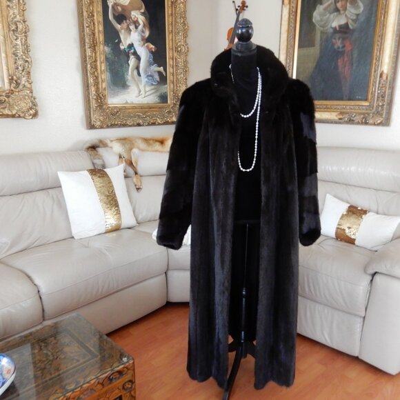 VTG.Barth Wind Genuine Dark Brown Shiny Mink Fur Coat Full Length L/XL - Picture 5 of 12